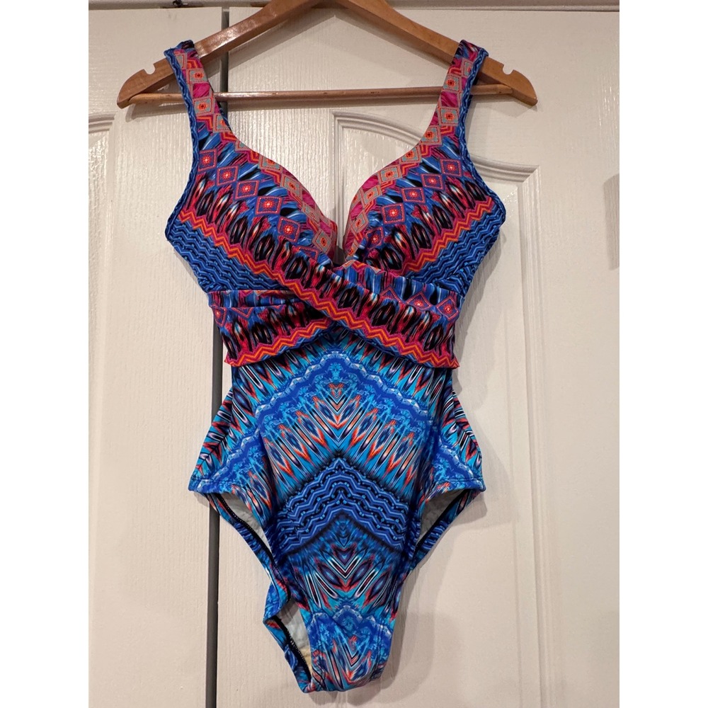 Miraclesuit Criss Cross Escape One Piece Swimsuit Blue Geometric Tummy Control 8
